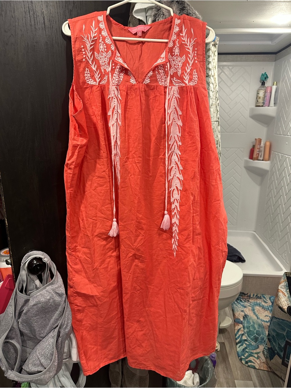 Simply Southern Coral Sleeveless Embroidered Shift Dress